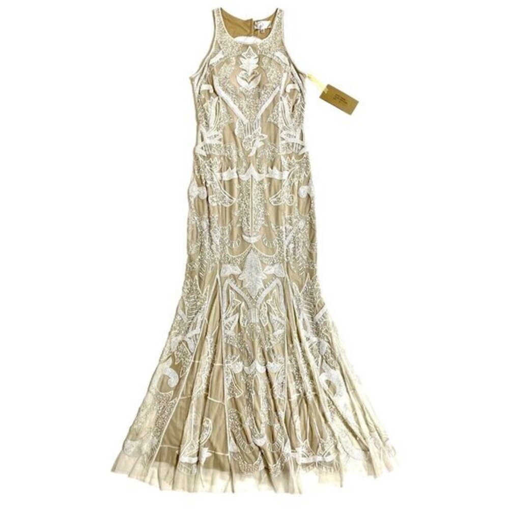 Mignon Dress Gown Heavy Beading Sequin White Nude Open Back Bridal SZ 12 NWT